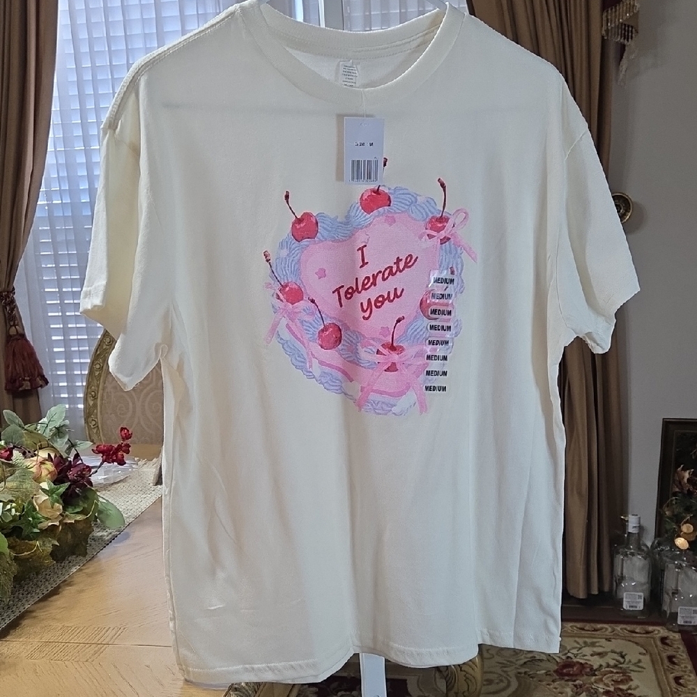 Cream T-Shirt with Pink and Red Graphic